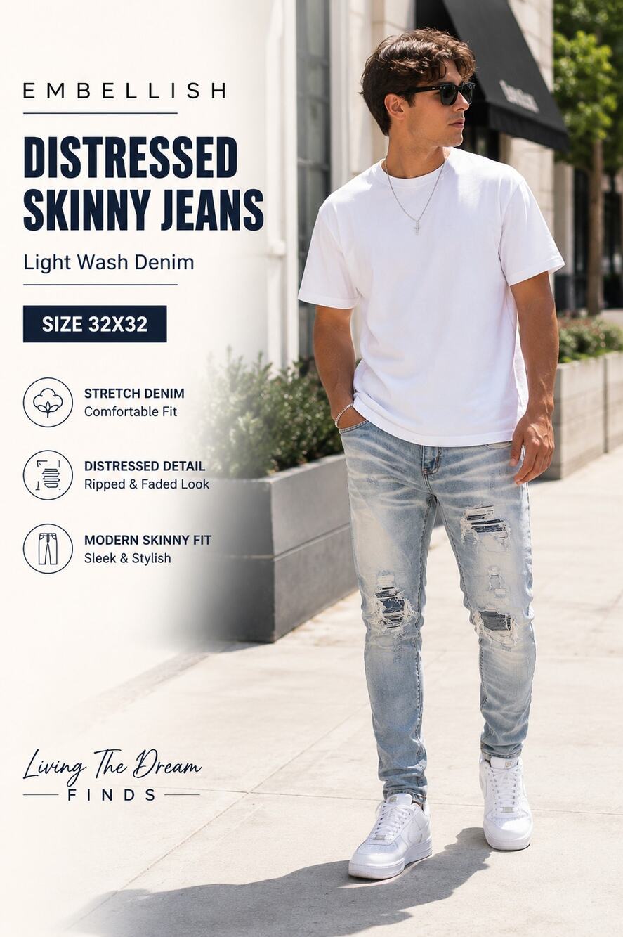 Embellish Distressed Skinny Jeans Men's Light Wash Denim Stretch 32x32
